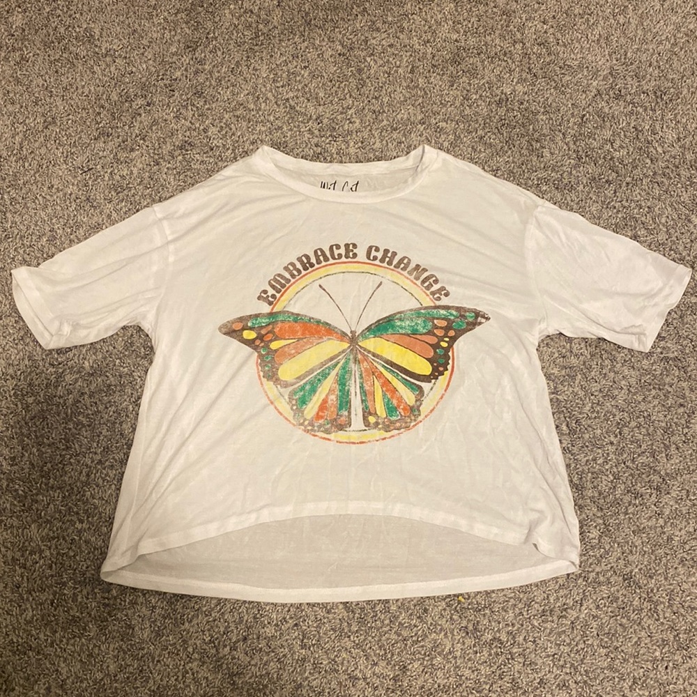 Wet Cat “Embrace Change” butterfly asymmetrical crop top